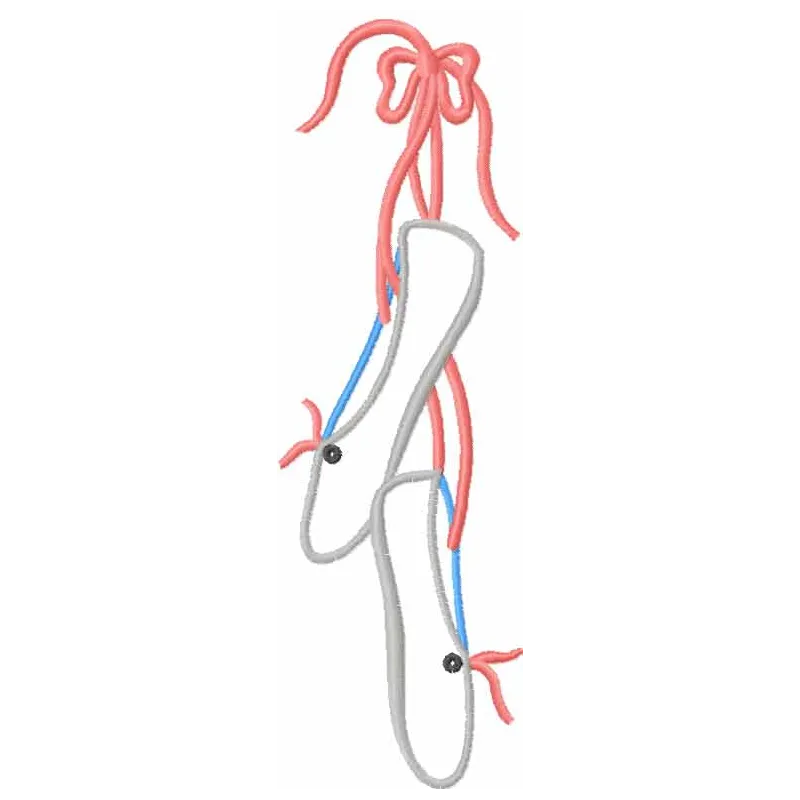 Preview of ballet shoes applique embroidery design, showcasing intricate stitching patterns for creative projects.