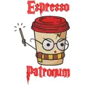 Espresso Patronum embroidery design featuring a whimsical coffee cup with magical elements, inspired by Harry Potter.