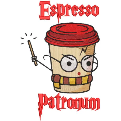 Espresso Patronum embroidery design featuring a whimsical coffee cup with magical elements, inspired by Harry Potter.