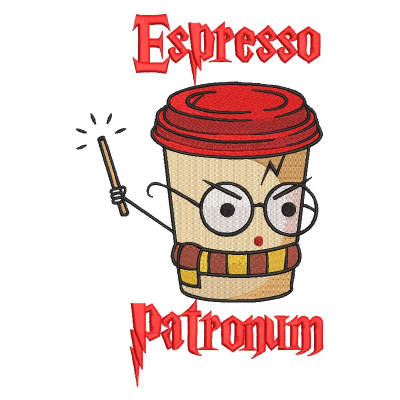 Espresso Patronum embroidery design featuring a whimsical coffee cup with magical elements, inspired by Harry Potter.