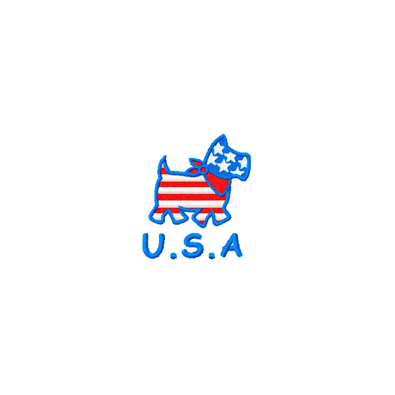 Happy Dog USA style embroidery design featuring a joyful canine, perfect for stitching on t-shirts or tote bags.