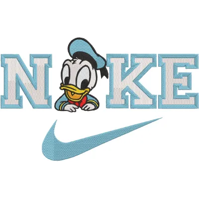 Nike logo featuring a Little Duck embroidery design on a fabric background, showcasing vibrant colors and intricate stitchin…