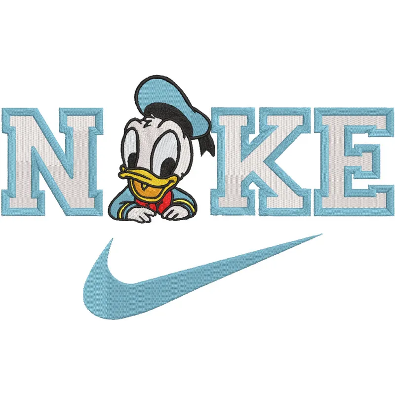 Nike logo featuring a Little Duck embroidery design on a fabric background, showcasing vibrant colors and intricate stitchin…
