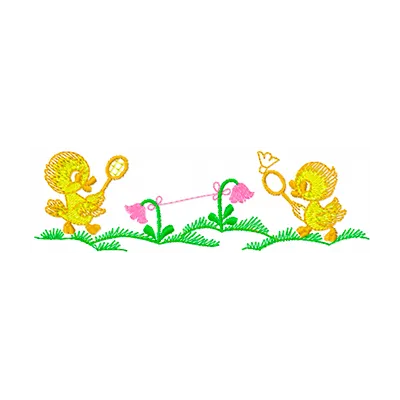 Preview of the Ducklings Play embroidery design featuring playful ducklings, perfect for children's clothing and accessories.