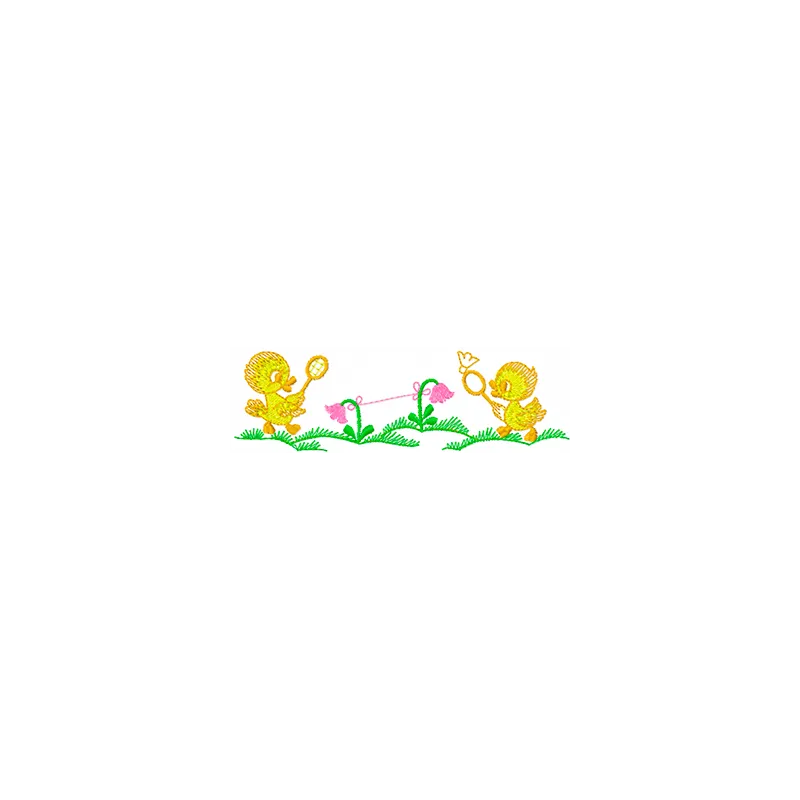 Preview of the Ducklings Play embroidery design featuring playful ducklings, perfect for children's clothing and accessories.