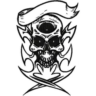 Preview of a pirate skull embroidery design, perfect for FSL and decorative projects on various fabrics.