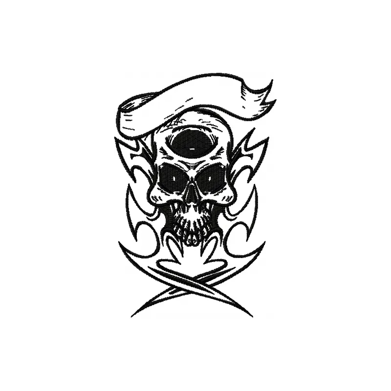 Preview of a pirate skull embroidery design, perfect for FSL and decorative projects on various fabrics.
