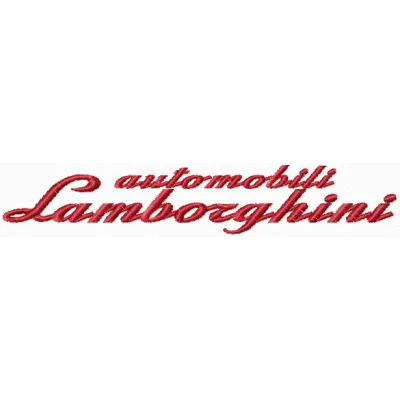 Preview of Automobili Lamborghini script embroidery design for stitching on apparel and accessories.