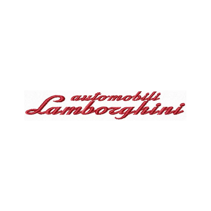 Preview of Automobili Lamborghini script embroidery design for stitching on apparel and accessories.
