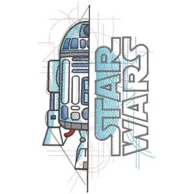 Detailed embroidery design of Star Wars R2-D2 sketch, showcasing intricate lines and character features.