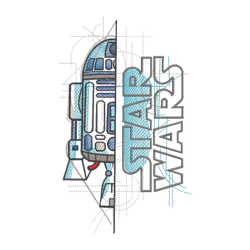 Detailed embroidery design of Star Wars R2-D2 sketch, showcasing intricate lines and character features.