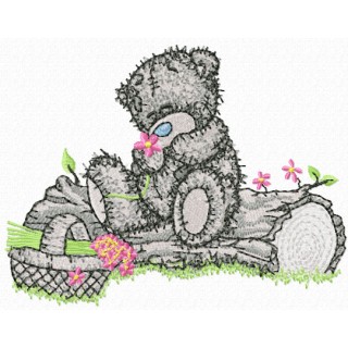 Teddy Bear with a basket of flowers embroidery design - Embroidery Design