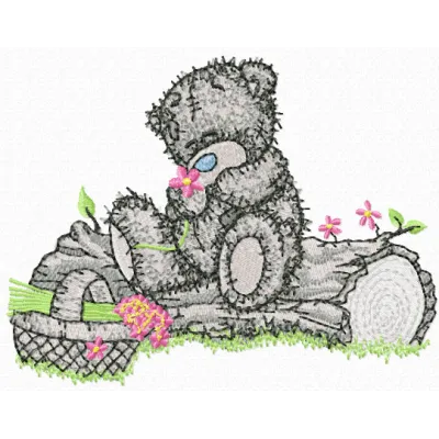 Teddy bear holding a basket of flowers embroidery design for stitching on t-shirts, tote bags, or baby onesies.