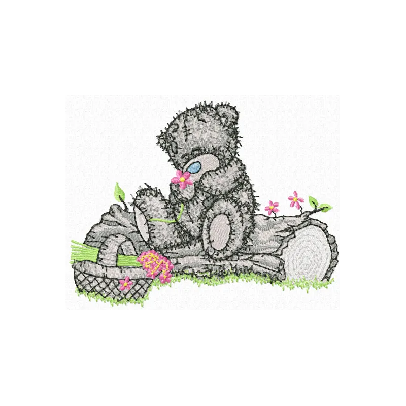 Teddy bear holding a basket of flowers embroidery design for stitching on t-shirts, tote bags, or baby onesies.