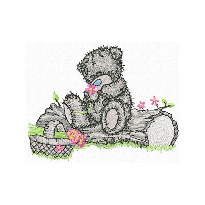 Teddy Bear with a basket of flowers embroidery design - Embroidery Design