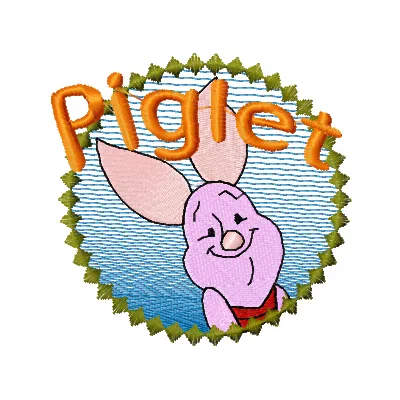 Adorable Piglet badge embroidery design, featuring a cute cartoon character, perfect for embellishing clothing or accessorie…
