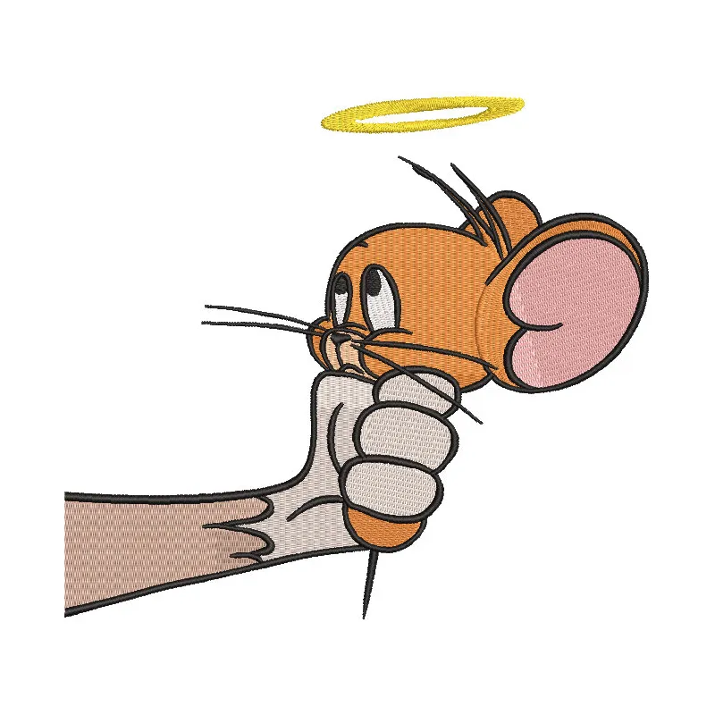Embroidery design featuring Jerry the mouse clenched in a fist, from the classic Tom and Jerry series.