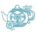 Toy teapot embroidery design showcasing a whimsical kitchen motif, perfect for stitching on towels or aprons.
