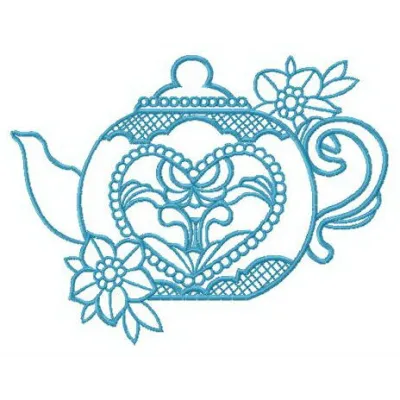 Toy teapot embroidery design showcasing a whimsical kitchen motif, perfect for stitching on towels or aprons.