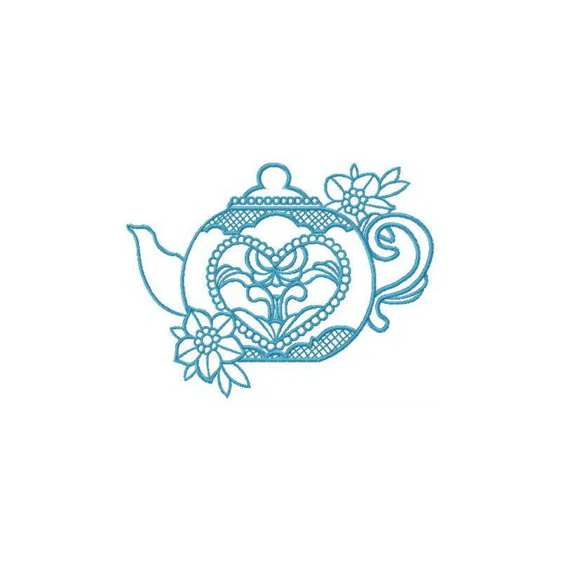Toy teapot embroidery design showcasing a whimsical kitchen motif, perfect for stitching on towels or aprons.