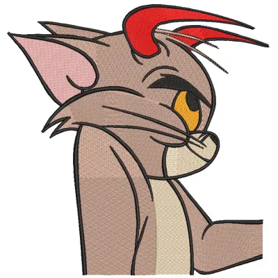 Embroidery design featuring Tom from Tom and Jerry holding a colorful paw, showcasing intricate stitching details.