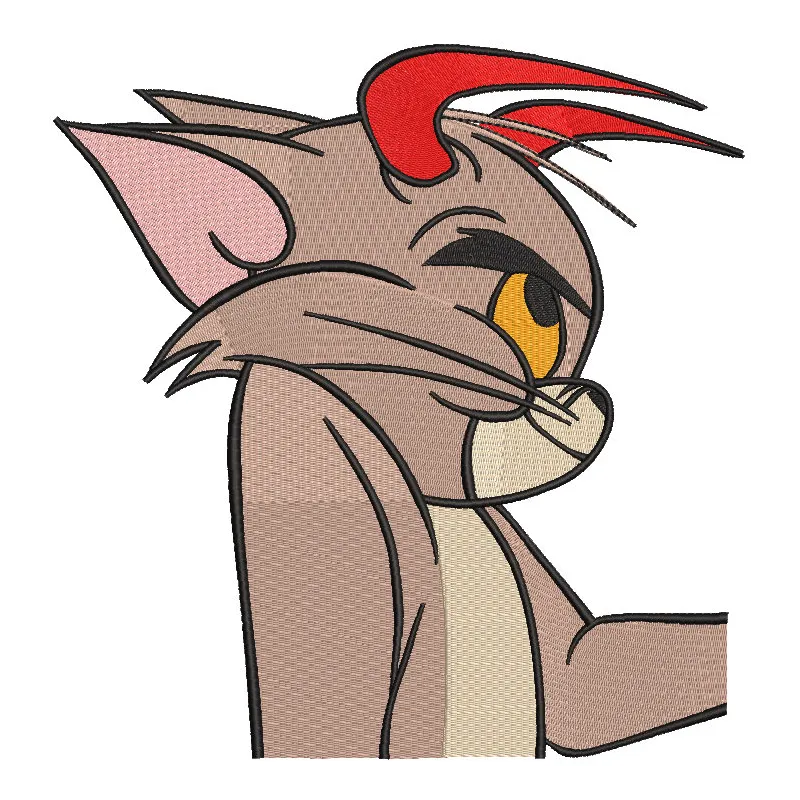 Embroidery design featuring Tom from Tom and Jerry holding a colorful paw, showcasing intricate stitching details.