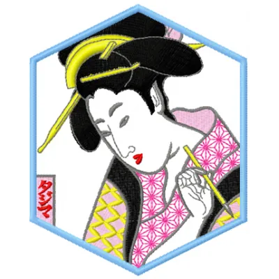 Geisha embroidery design showcasing intricate details, perfect for stitching on apparel or home decor items.