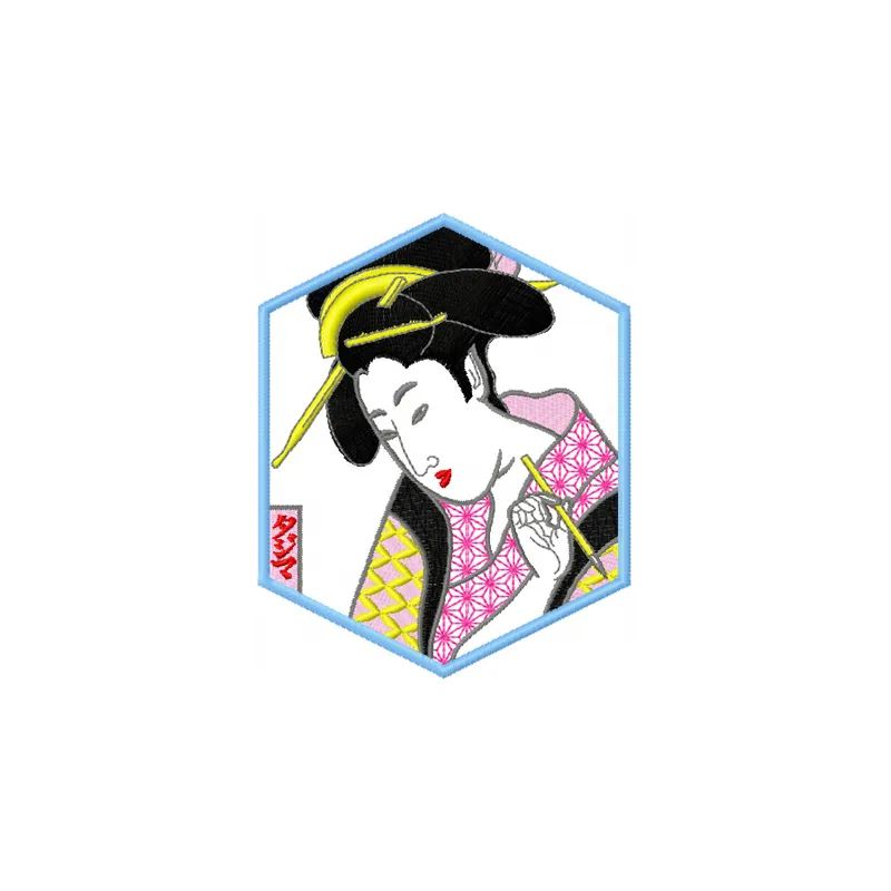 Geisha embroidery design showcasing intricate details, perfect for stitching on apparel or home decor items.