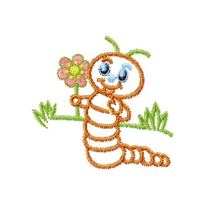 Caterpillar embroidery design featuring intricate stitched details, perfect for embellishing t-shirts and baby onesies.