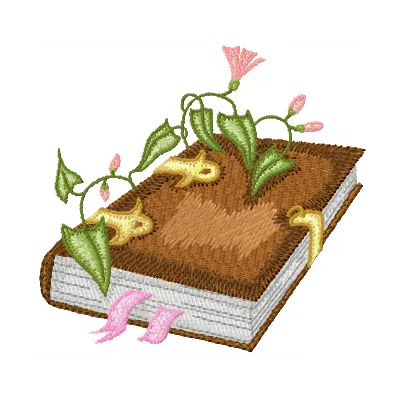 Magic book embroidery design featuring whimsical details, perfect for stitching on pillows or tote bags.