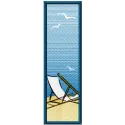 Embroidery design featuring a bookmark on the beach, perfect for adding a coastal touch to your stitching projects.