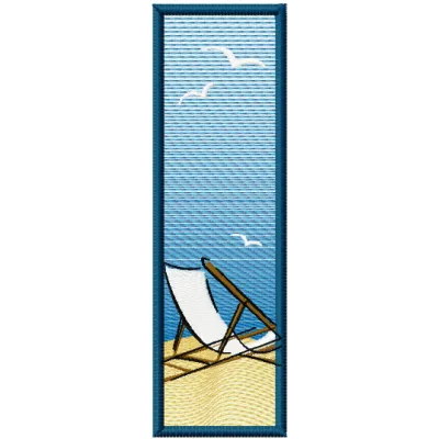Embroidery design featuring a bookmark on the beach, perfect for adding a coastal touch to your stitching projects.
