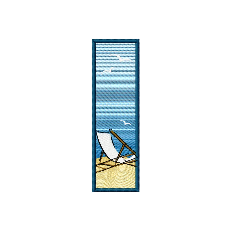 Embroidery design featuring a bookmark on the beach, perfect for adding a coastal touch to your stitching projects.