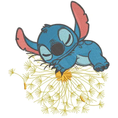 Stitch sleeps peacefully on a dandelion in this charming embroidery design from Lilo and Stitch.