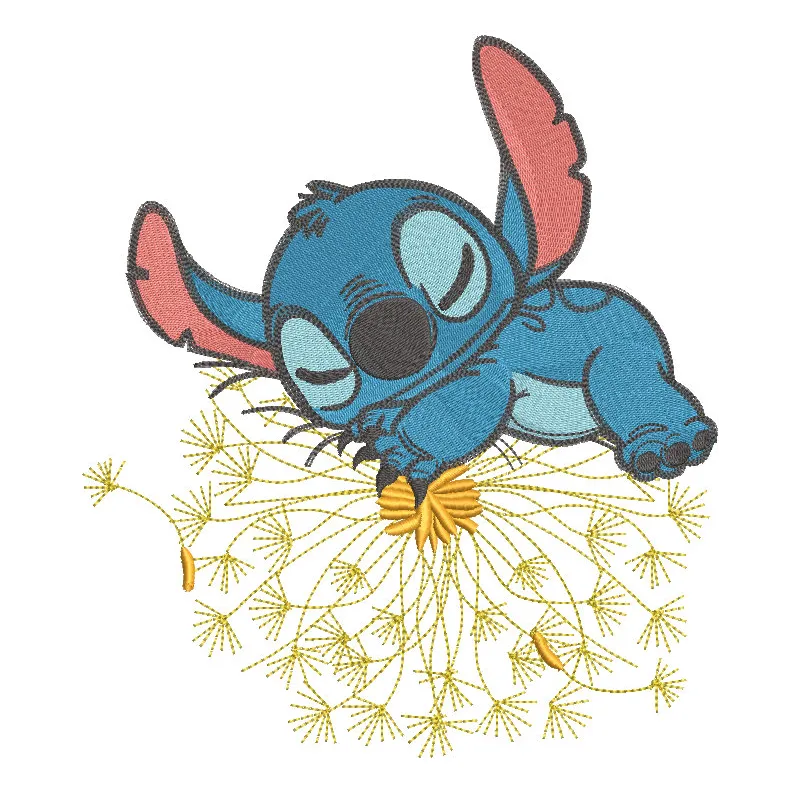 Stitch sleeps peacefully on a dandelion in this charming embroidery design from Lilo and Stitch.