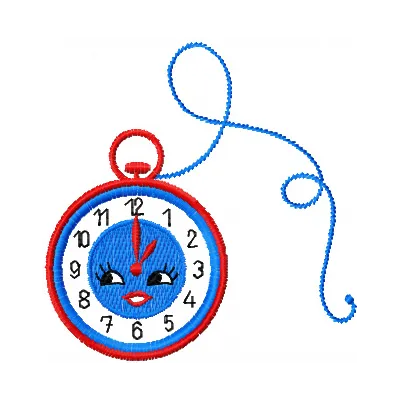 Happy clock embroidery design featuring a cheerful cartoon character, ideal for adding charm to various fabric projects.