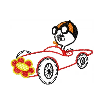 Preview of Driver Duck embroidery design featuring a whimsical duck in a racing theme, perfect for car enthusiasts.
