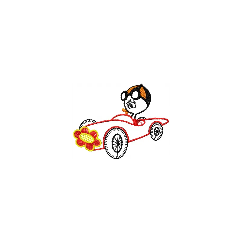 Preview of Driver Duck embroidery design featuring a whimsical duck in a racing theme, perfect for car enthusiasts.