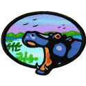 Hippo and savanna embroidery design showcasing a playful hippo in a vibrant landscape, ideal for travel-themed projects.