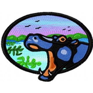 Hippo and savanna embroidery design - Embroidery Design