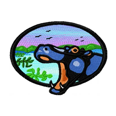 Hippo and savanna embroidery design showcasing a playful hippo in a vibrant landscape, ideal for travel-themed projects.