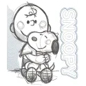 Snoopy hugs Charlie Brown in a colorful embroidery design, capturing their friendship and playful spirit.