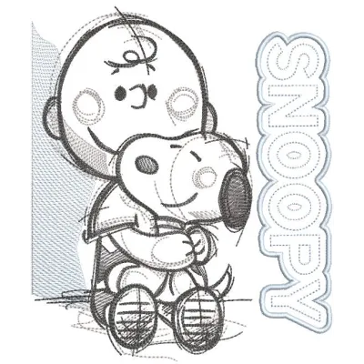 Snoopy hugs Charlie Brown in a colorful embroidery design, capturing their friendship and playful spirit.