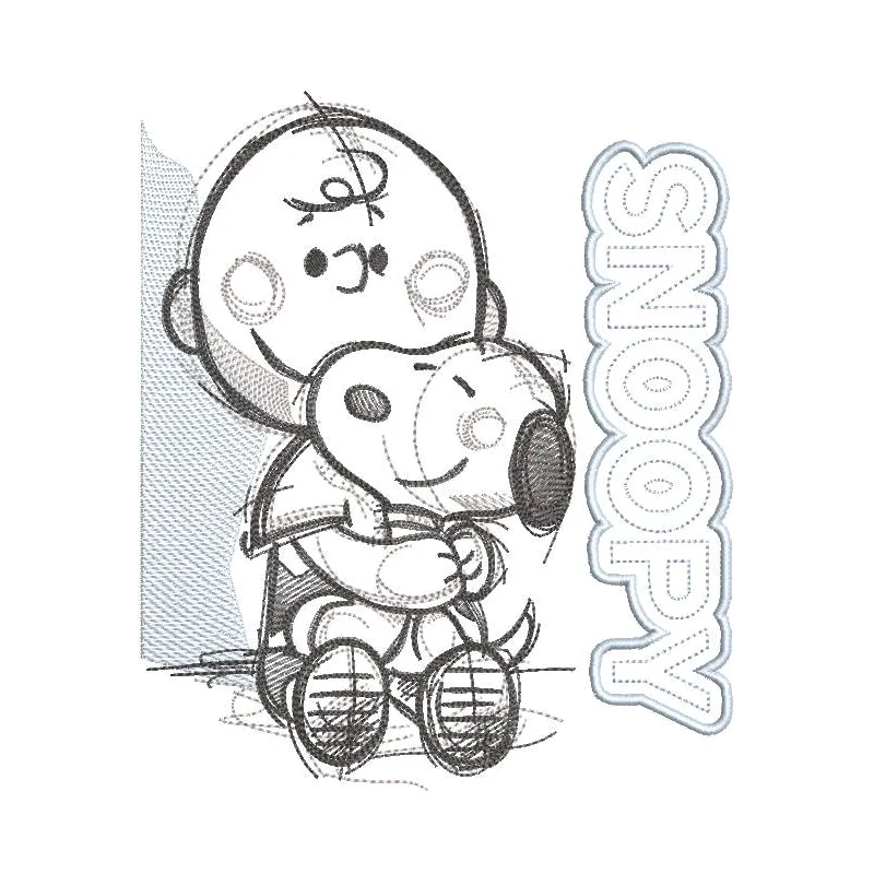 Snoopy hugs Charlie Brown in a colorful embroidery design, capturing their friendship and playful spirit.