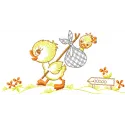 Happy walking duck embroidery design featuring a cheerful duck motif, ideal for embellishing t-shirts and baby onesies.