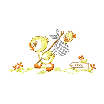 Happy walking duck embroidery design featuring a cheerful duck motif, ideal for embellishing t-shirts and baby onesies.