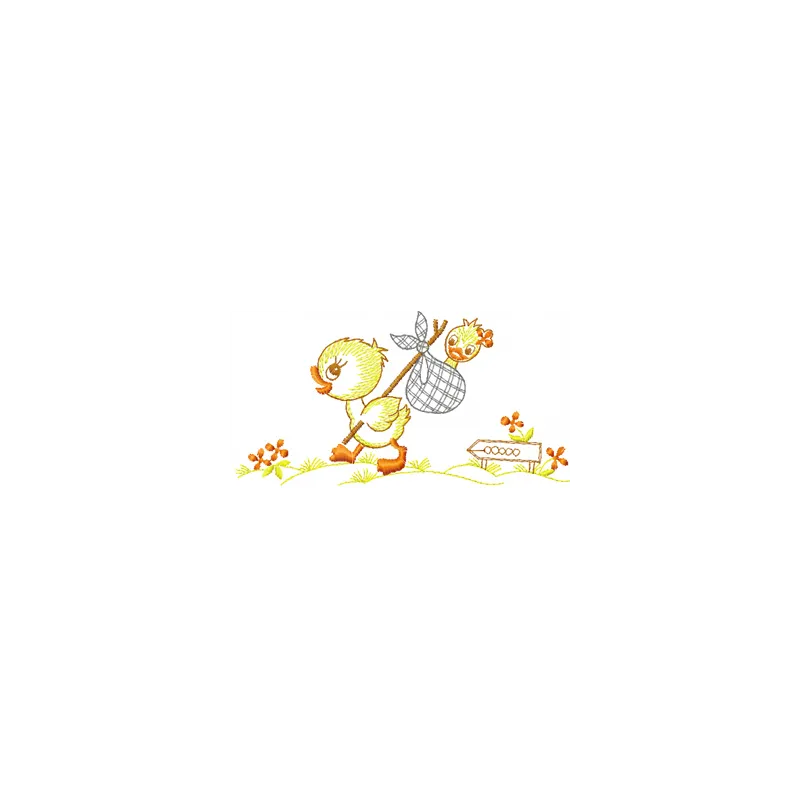 Happy walking duck embroidery design featuring a cheerful duck motif, ideal for embellishing t-shirts and baby onesies.