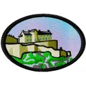 Mountain landscape embroidery design showcasing serene mountains and trees, perfect for travel enthusiasts.