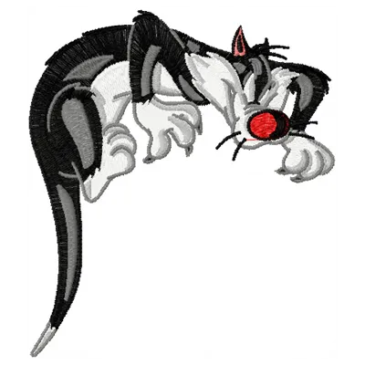 Sylvester embroidery design showcasing a playful cartoon character, ideal for stitching on t-shirts or tote bags.