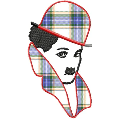 Charlie Chaplin embroidery design showcasing a vintage applique style, perfect for apparel and home decor stitching.